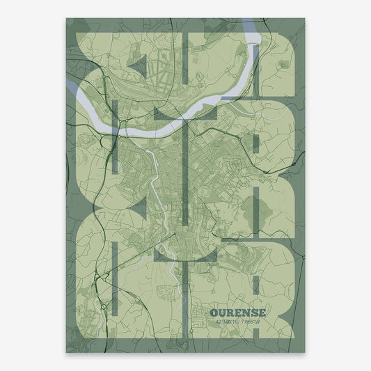 The map of Ourense composed with letters from its name or IATA code printed on two green tones
