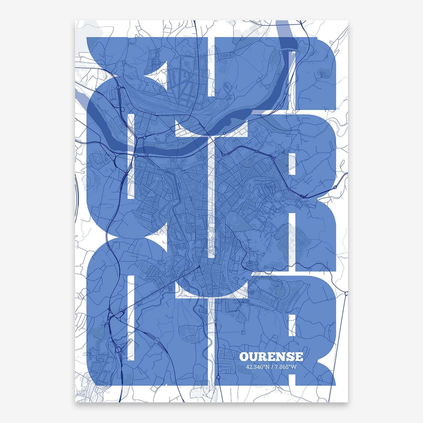 The map of Ourense composed with letters from its name or IATA code printed on navy blue and white
