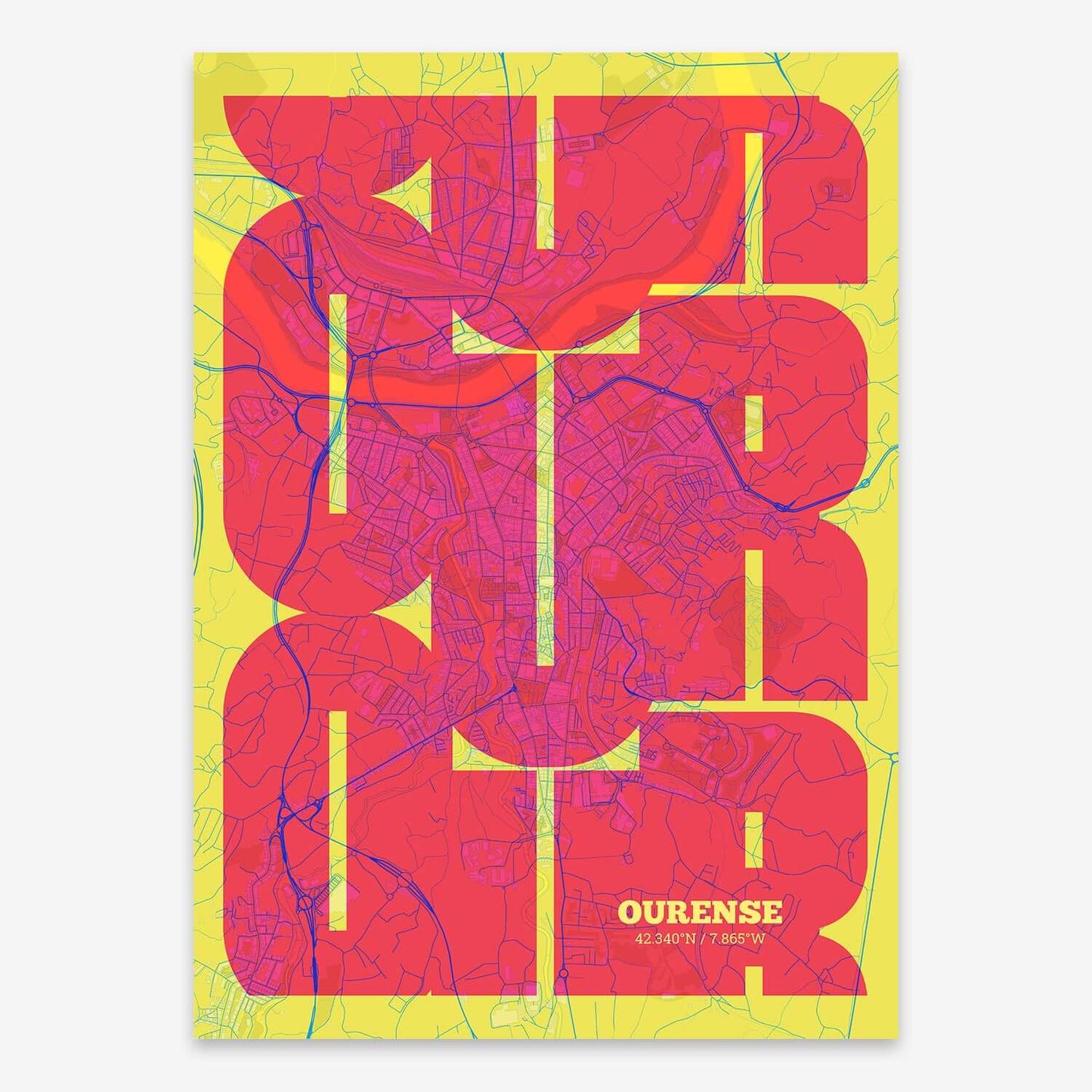 The map of Ourense composed with letters from its name or IATA code printed on yellow and fuchsia