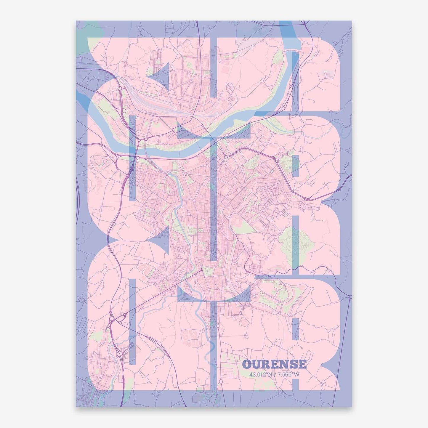 The map of Ourense composed with letters from its name or IATA code printed on pink and light blue