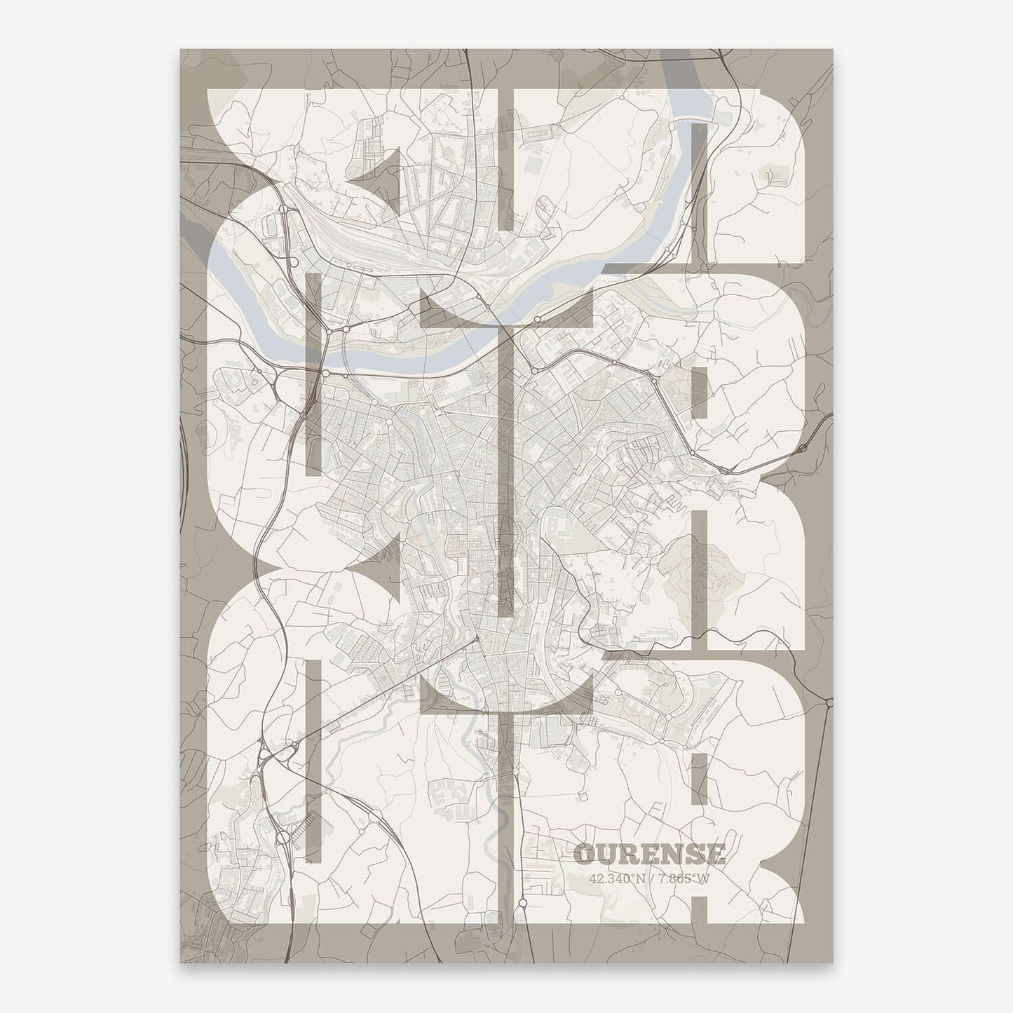 The map of Ourense composed with letters from its name or IATA code printed on light brown and an off-white background