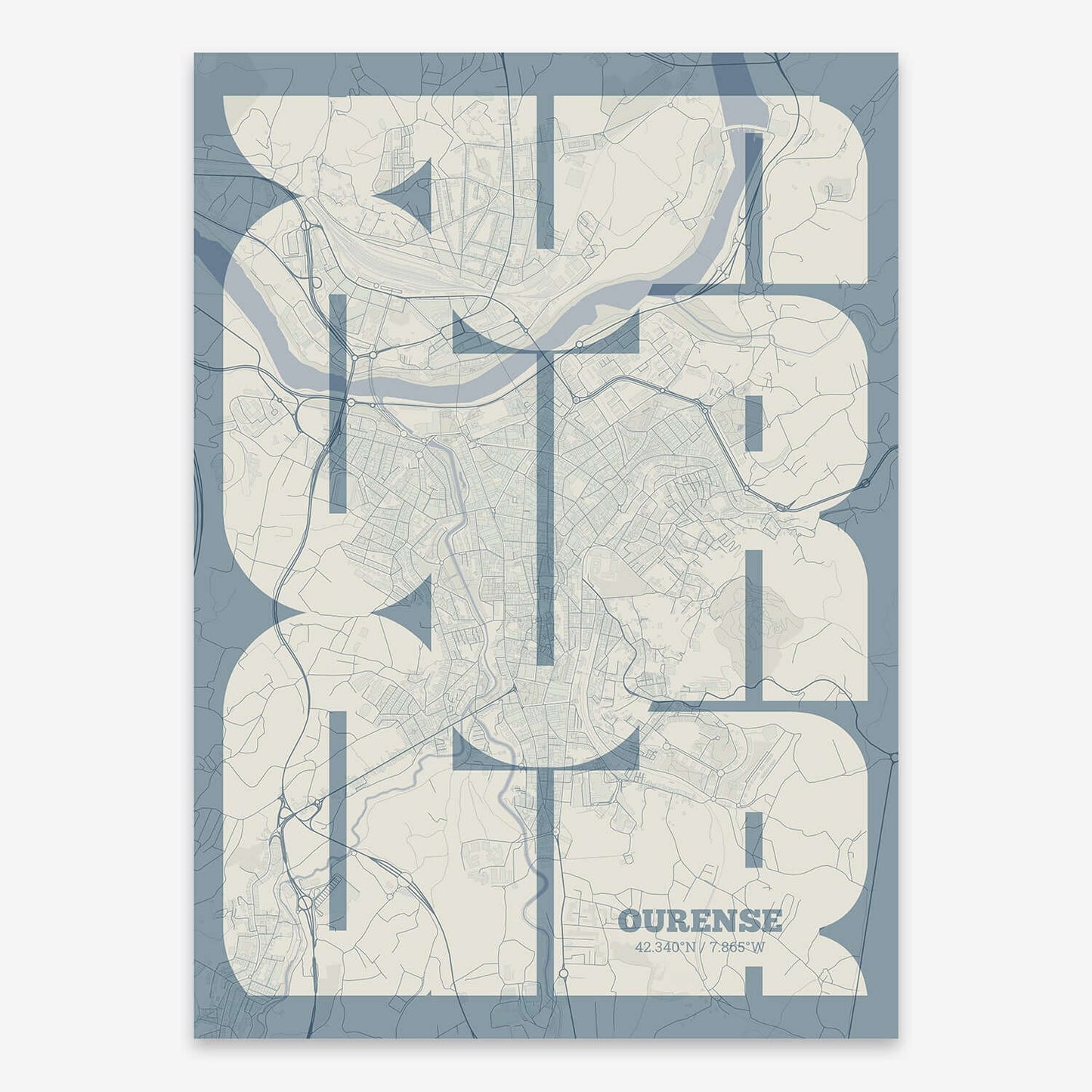 The map of Ourense composed with letters from its name or IATA code printed on bluish gray and an off-white background