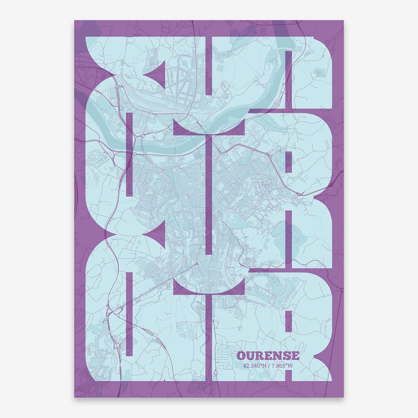 The map of Ourense composed with letters from its name or IATA code printed on purple and light blue