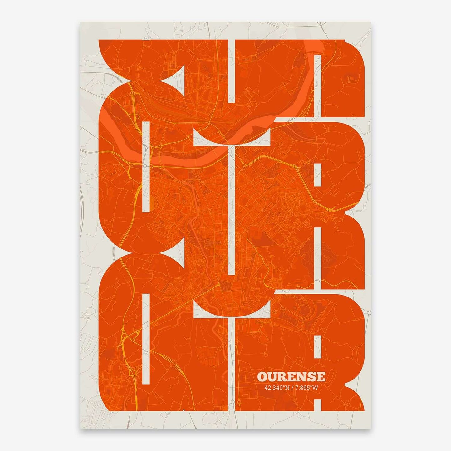 The map of Ourense composed with letters from its name or IATA code printed on orange and an off-white background