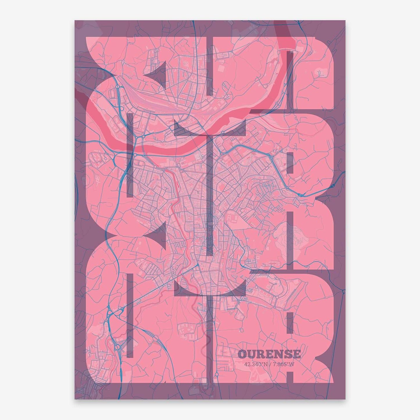 The map of Ourense composed with letters from its name or IATA code printed on violet y pink background