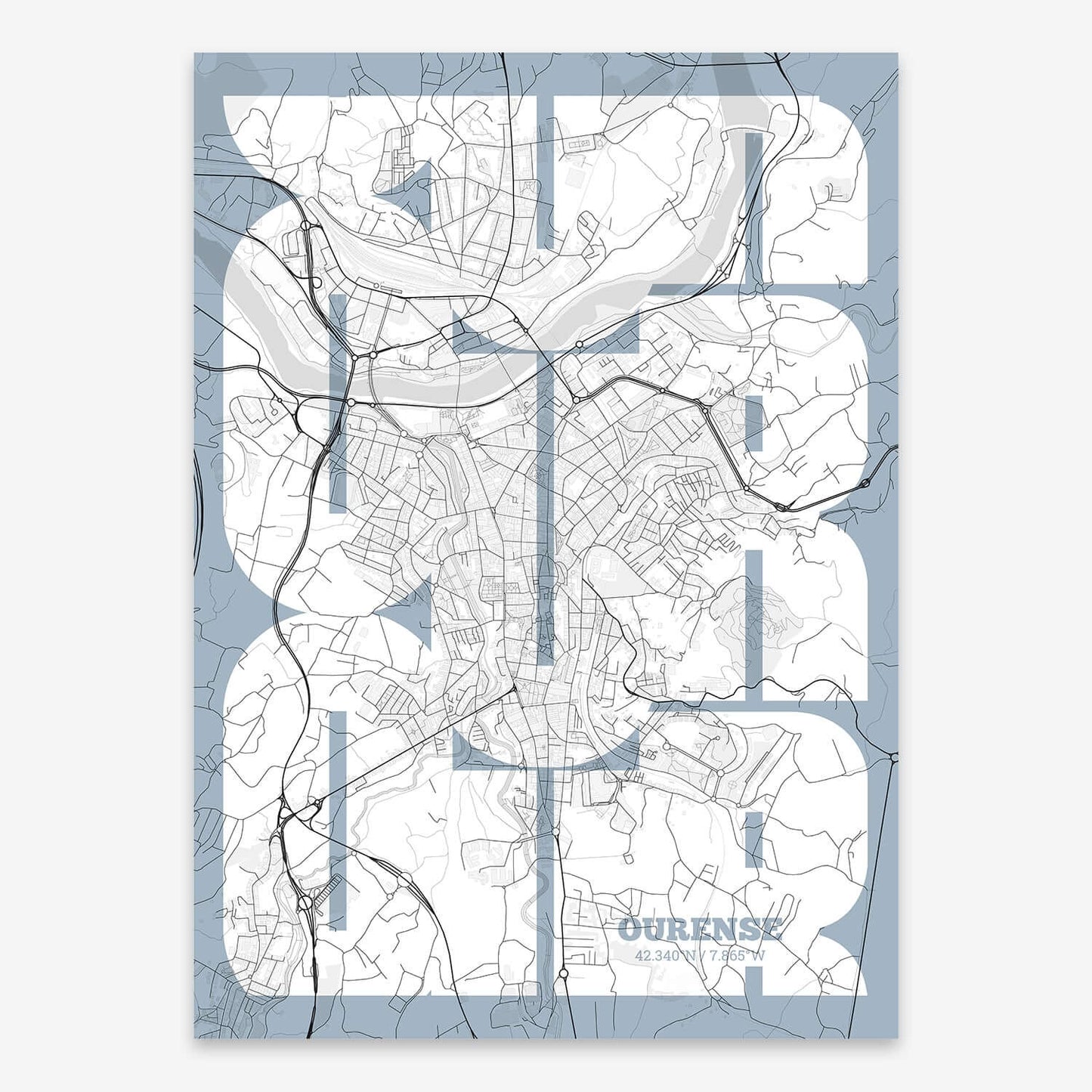 The map of Ourense composed with letters from its name or IATA code printed on black and white