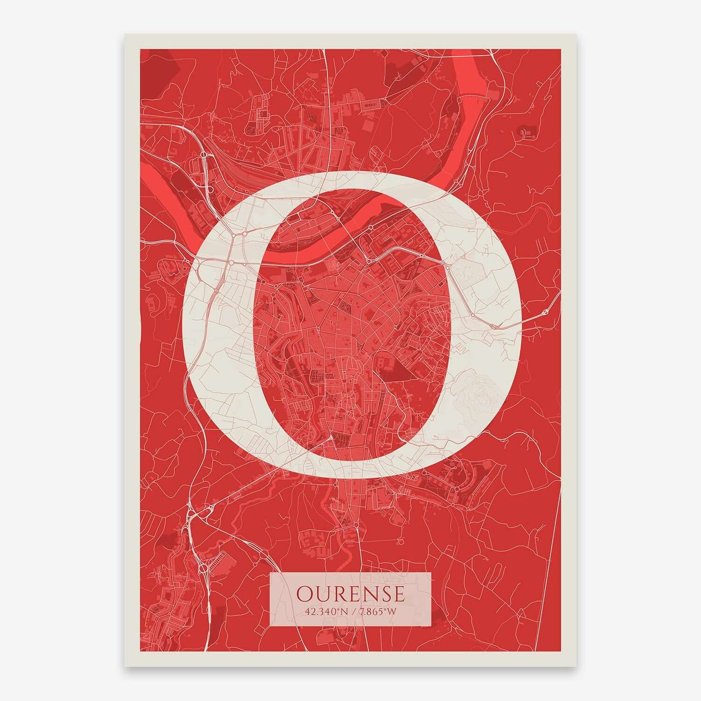 The map of Ourense composed with letters in serif font printed on red and an off-white background