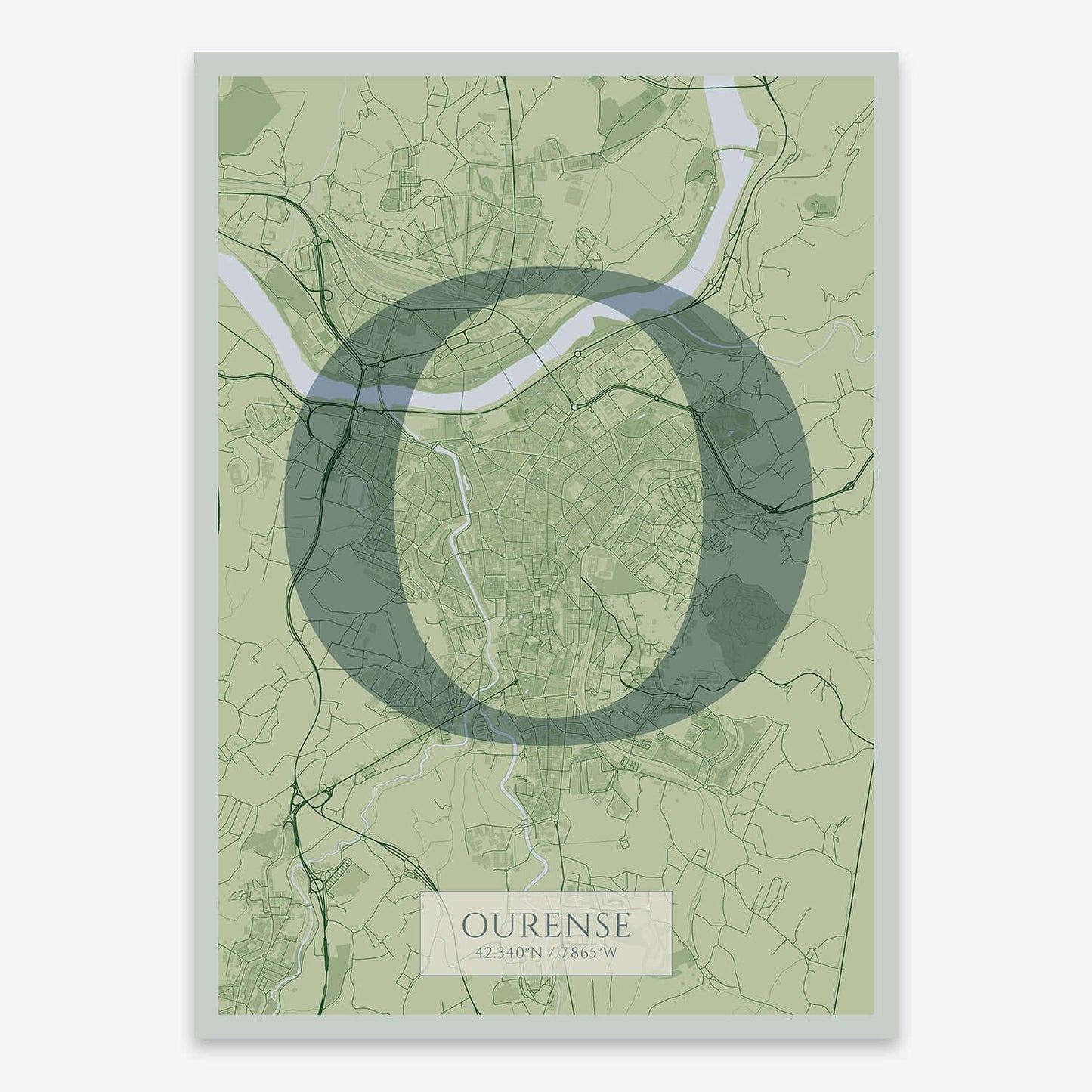 The map of Ourense composed with letters in serif font printed on two green tones