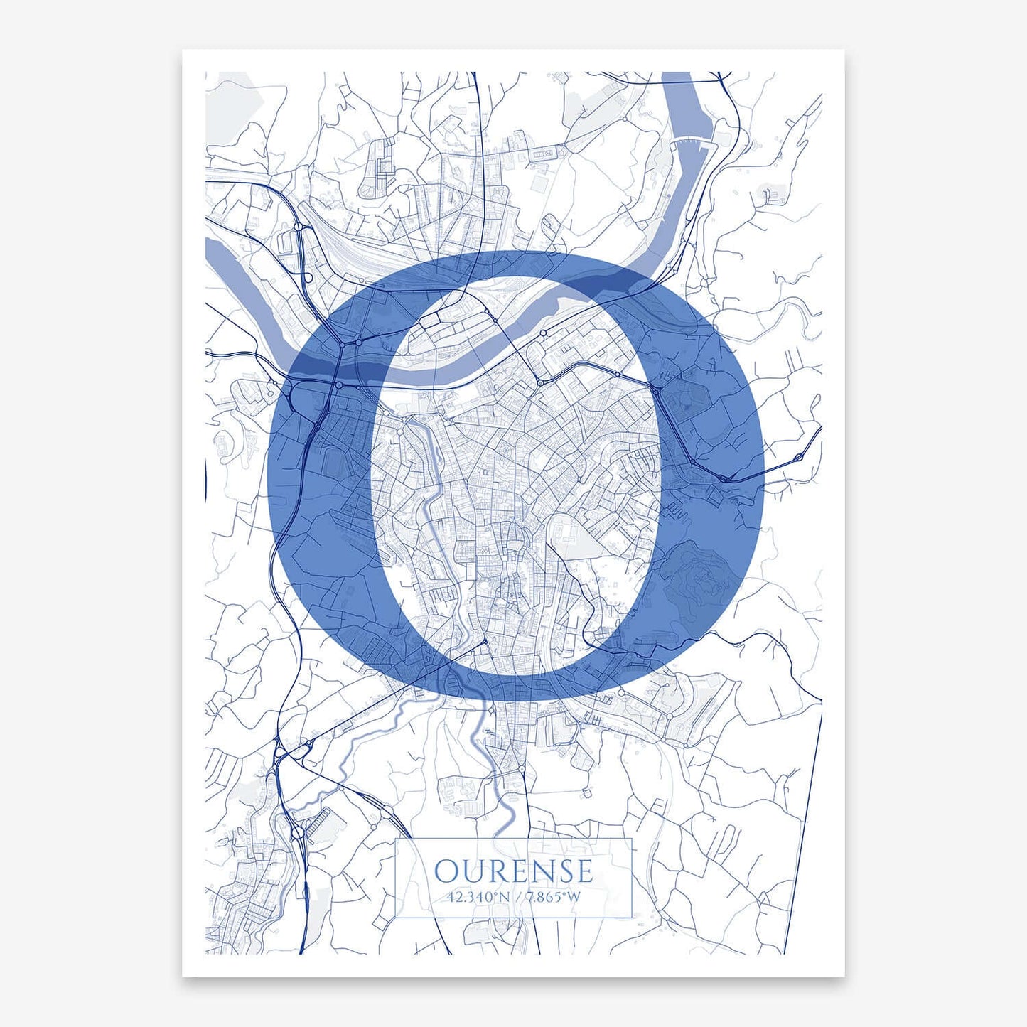 The map of Ourense composed with letters in serif font printed on navy blue and white