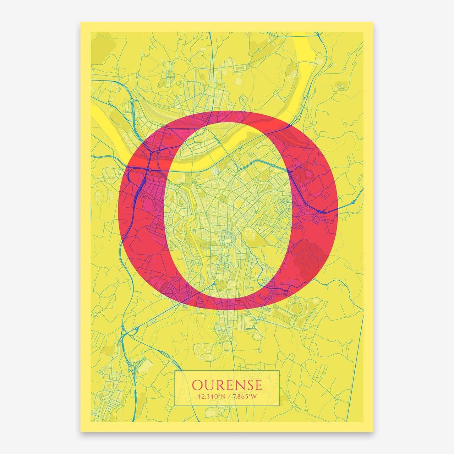 The map of Ourense composed with letters in serif font printed on yellow and fuchsia
