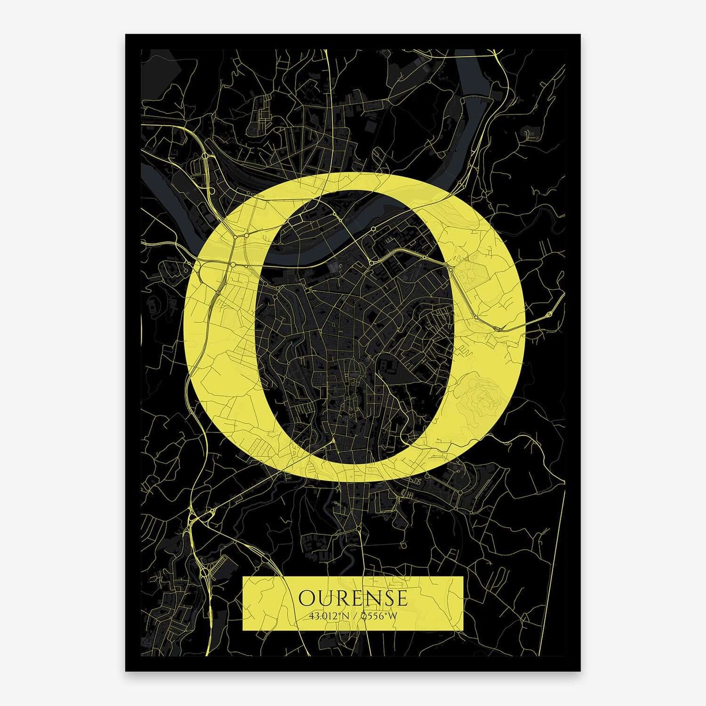 The map of Ourense composed with letters in serif font printed on black and yellow