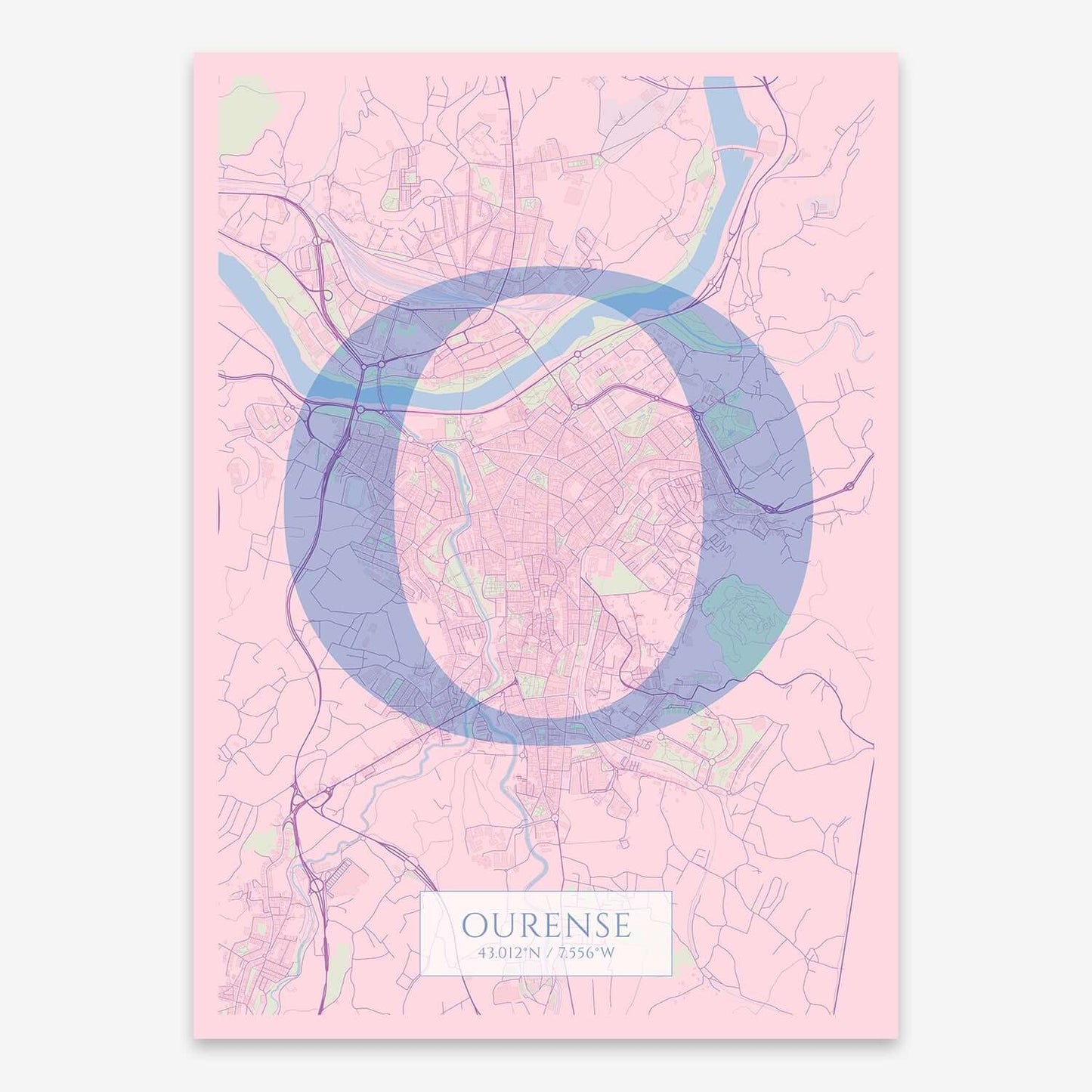 The map of Ourense composed with letters in serif font printed on pink and light blue