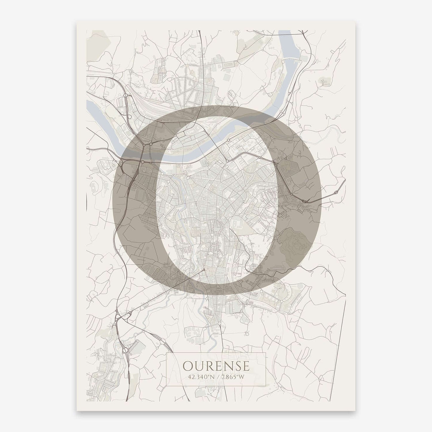 The map of Ourense composed with letters in serif font printed on light brown and an off-white background