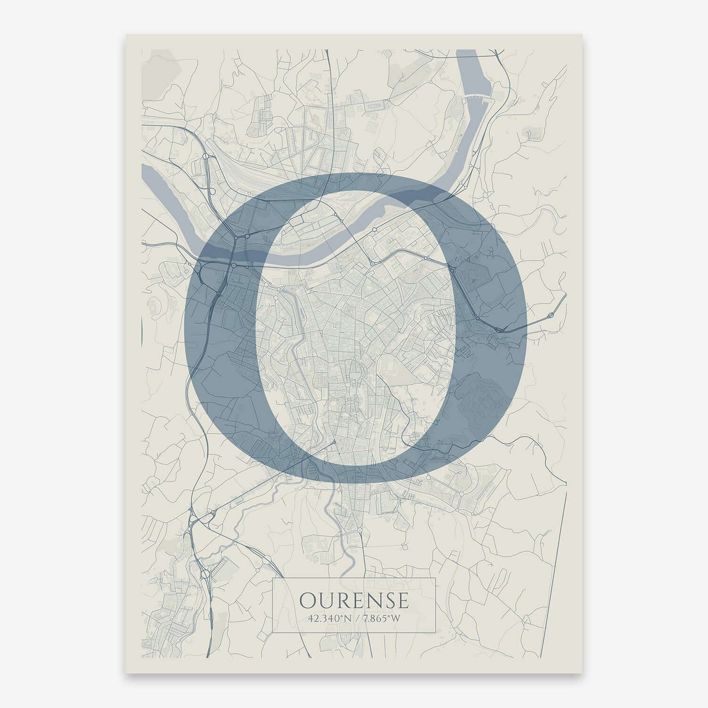 The map of Ourense composed with letters in serif font printed on bluish gray and an off-white background