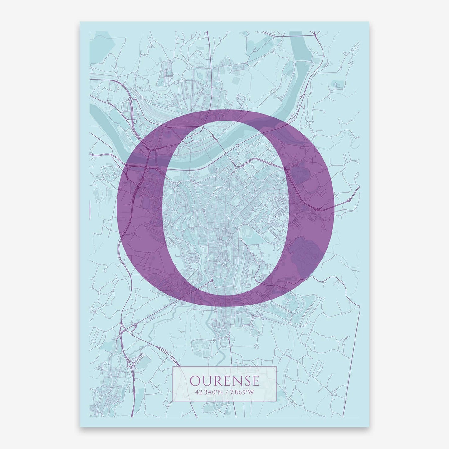 The map of Ourense composed with letters in serif font printed on purple and light blue
