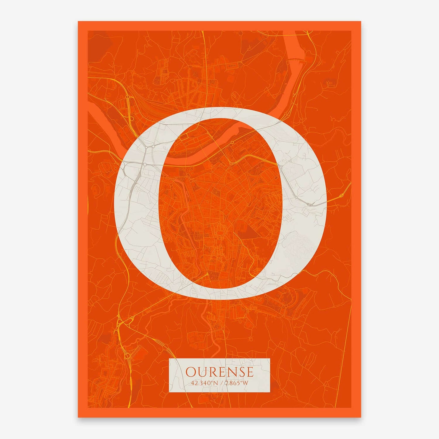 The map of Ourense composed with letters in serif font printed on orange and an off-white background
