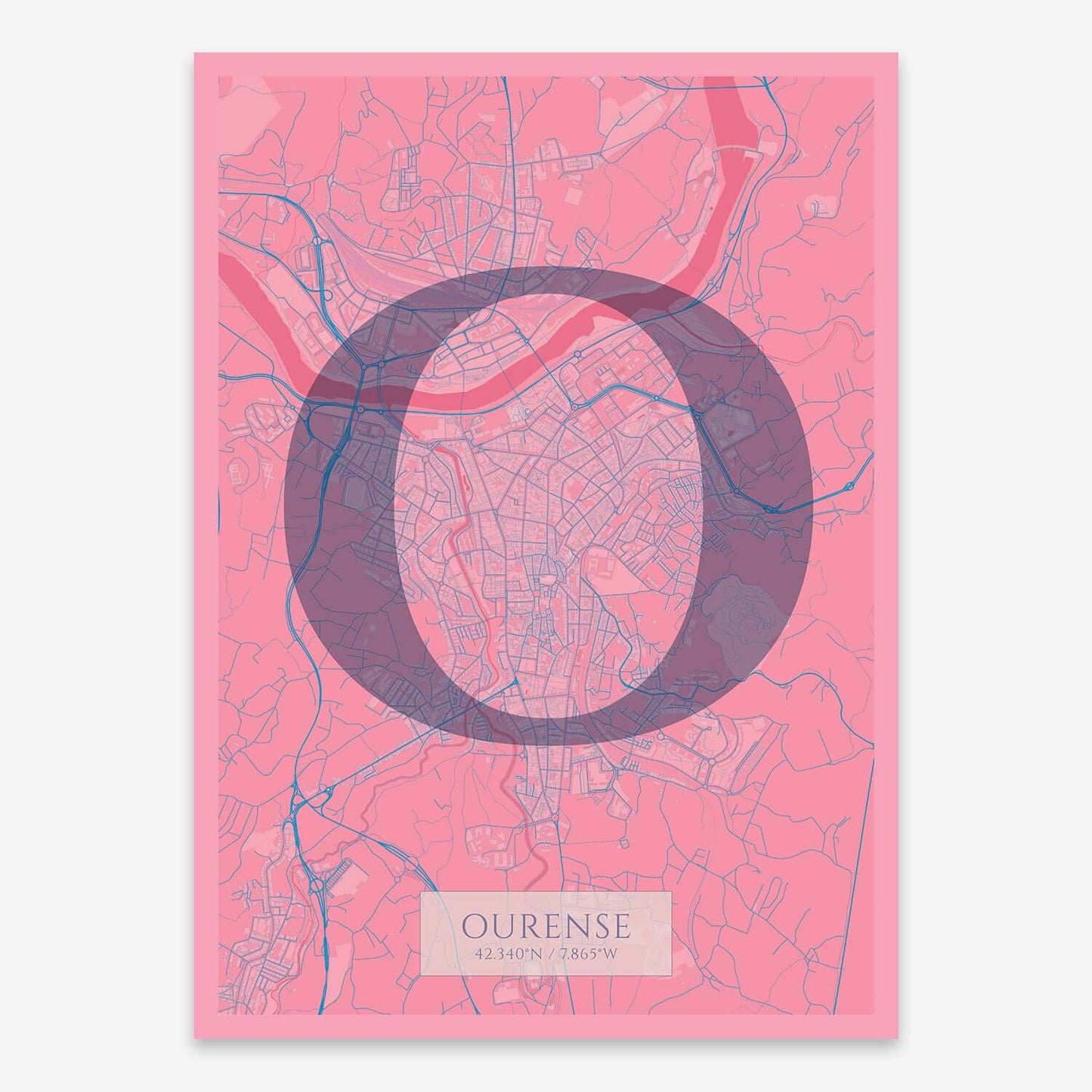The map of Ourense composed with letters in serif font printed on violet y pink background