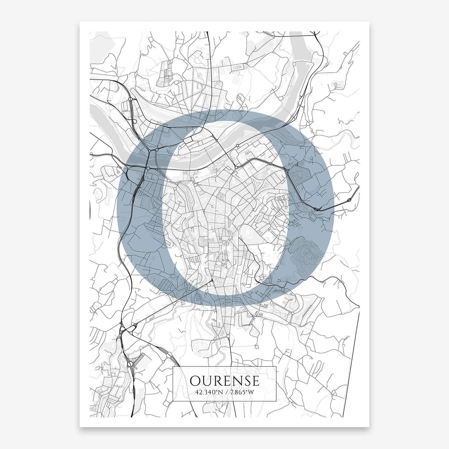 The map of Ourense composed with letters in serif font printed on black and white