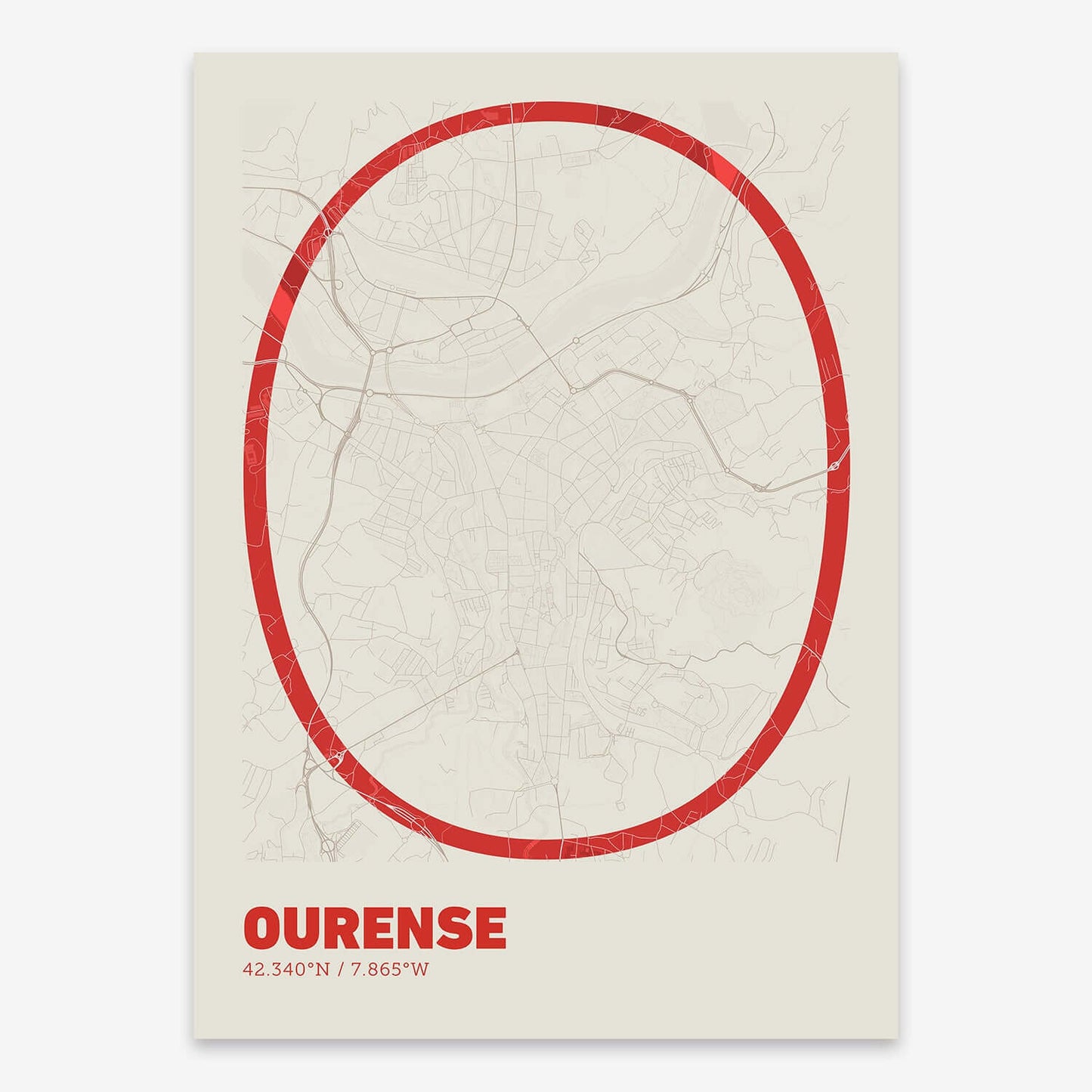 The map of Ourense composed with letters in extra light font printed on red and an off-white background