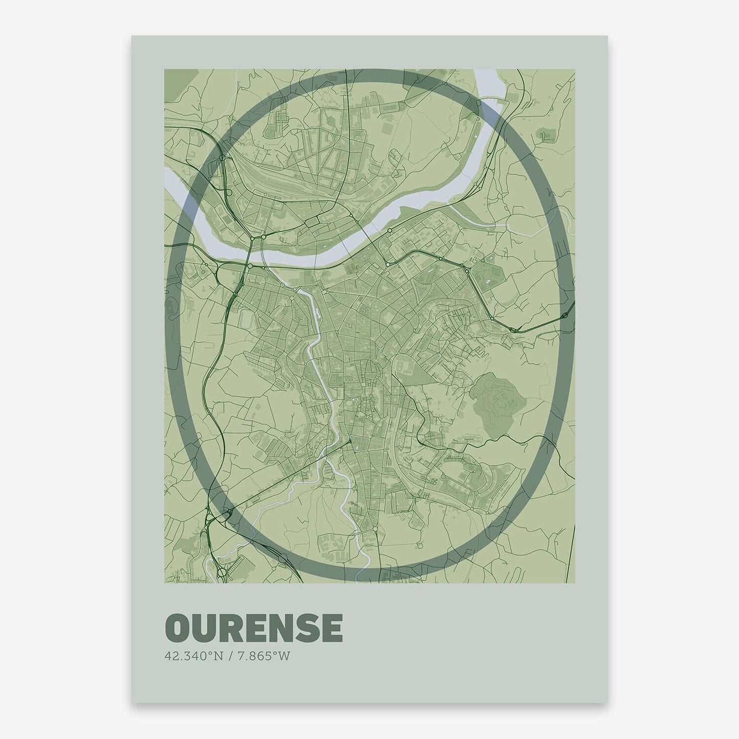 The map of Ourense composed with letters in extra light font printed on two green tones