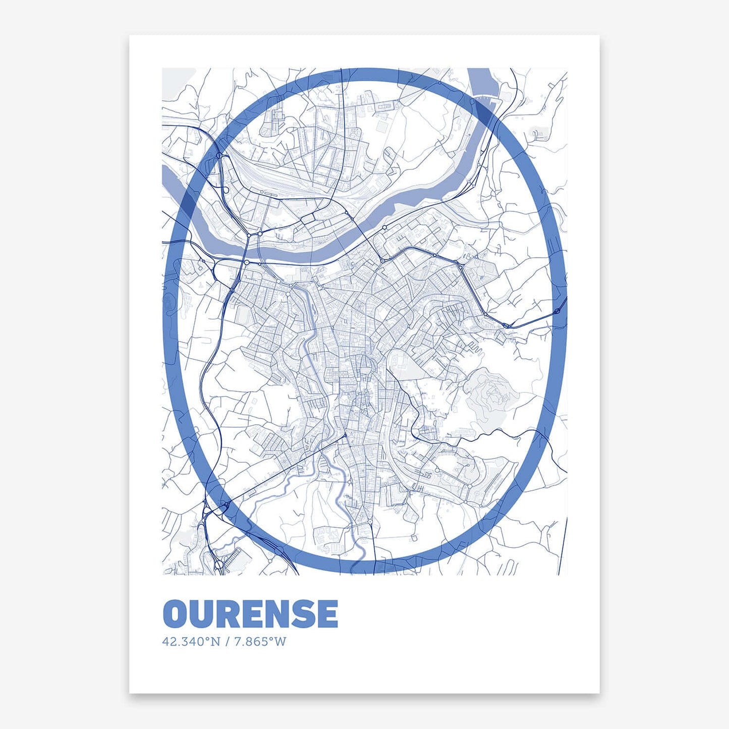 The map of Ourense composed with letters in extra light font printed on navy blue and white