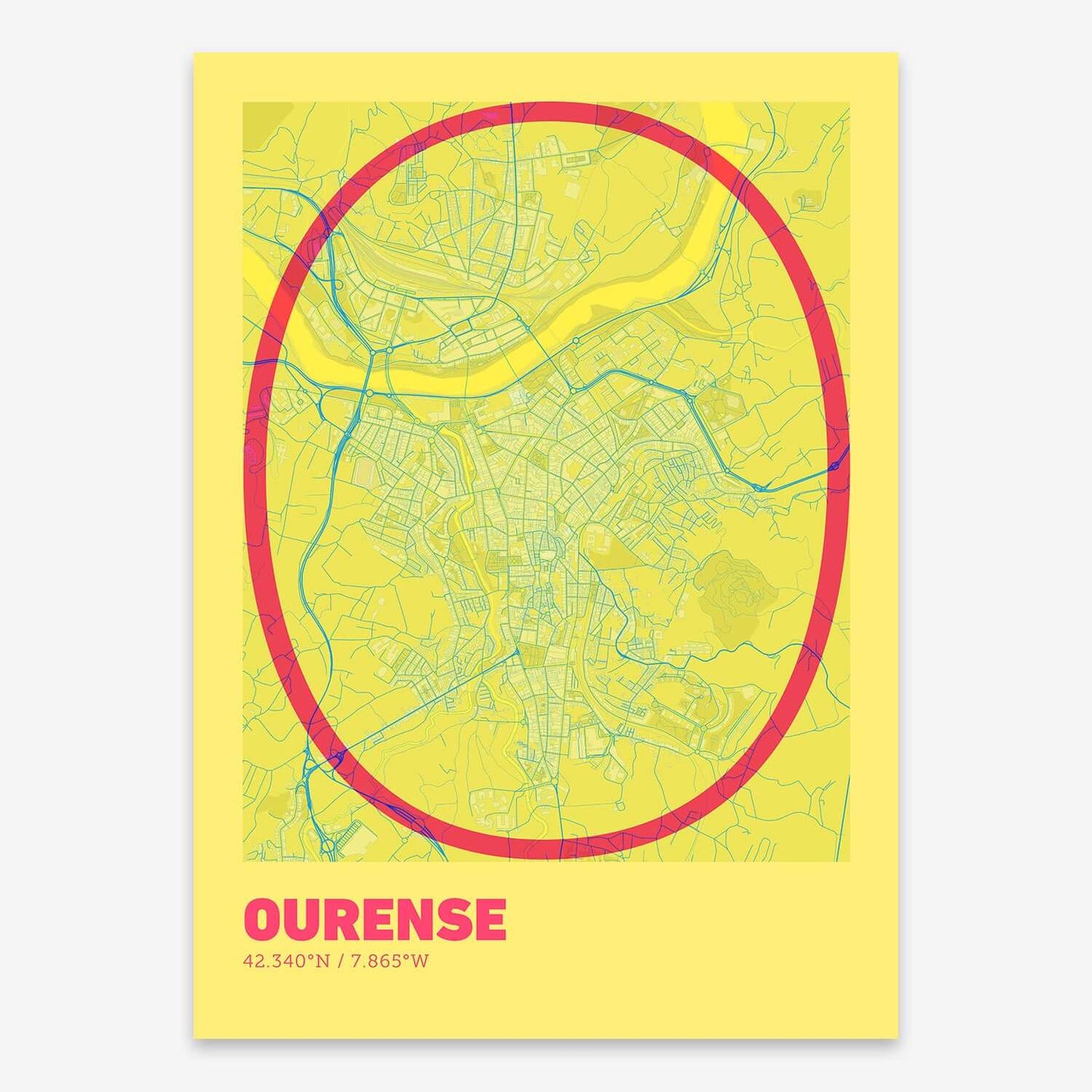 The map of Ourense composed with letters in extra light font printed on yellow and fuchsia