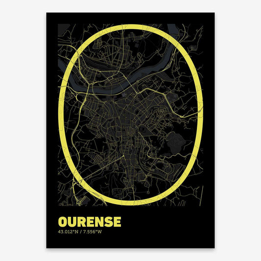 The map of Ourense composed with letters in extra light font printed on black and yellow