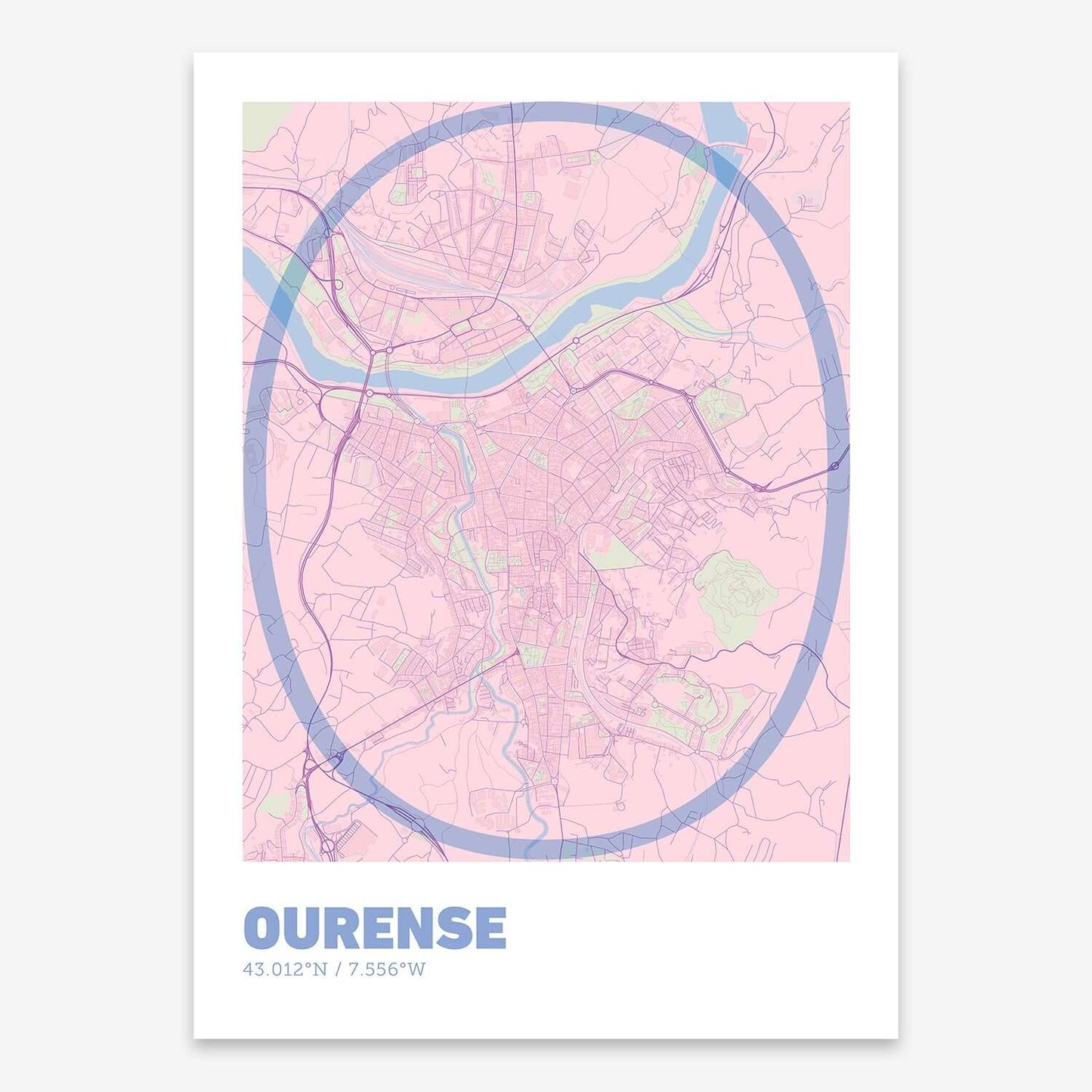 The map of Ourense composed with letters in extra light font printed on pink and light blue
