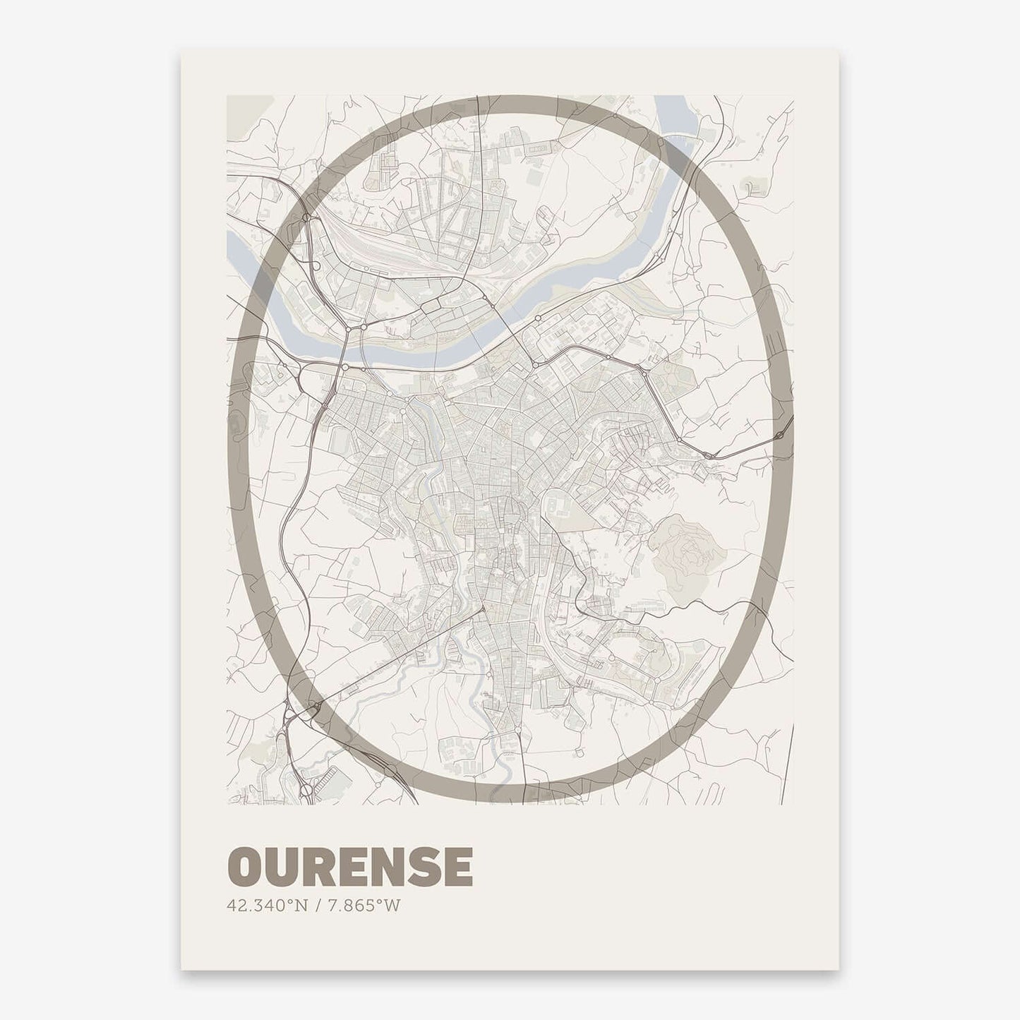 The map of Ourense composed with letters in extra light font printed on light brown and an off-white background