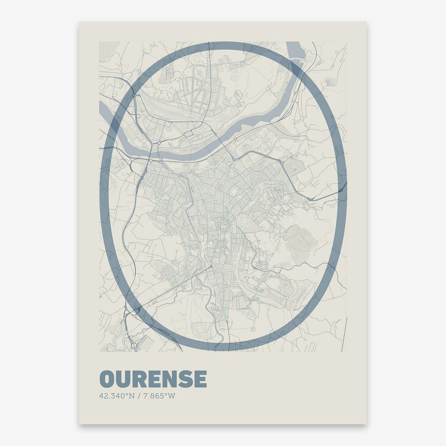 The map of Ourense composed with letters in extra light font printed on bluish gray and an off-white background