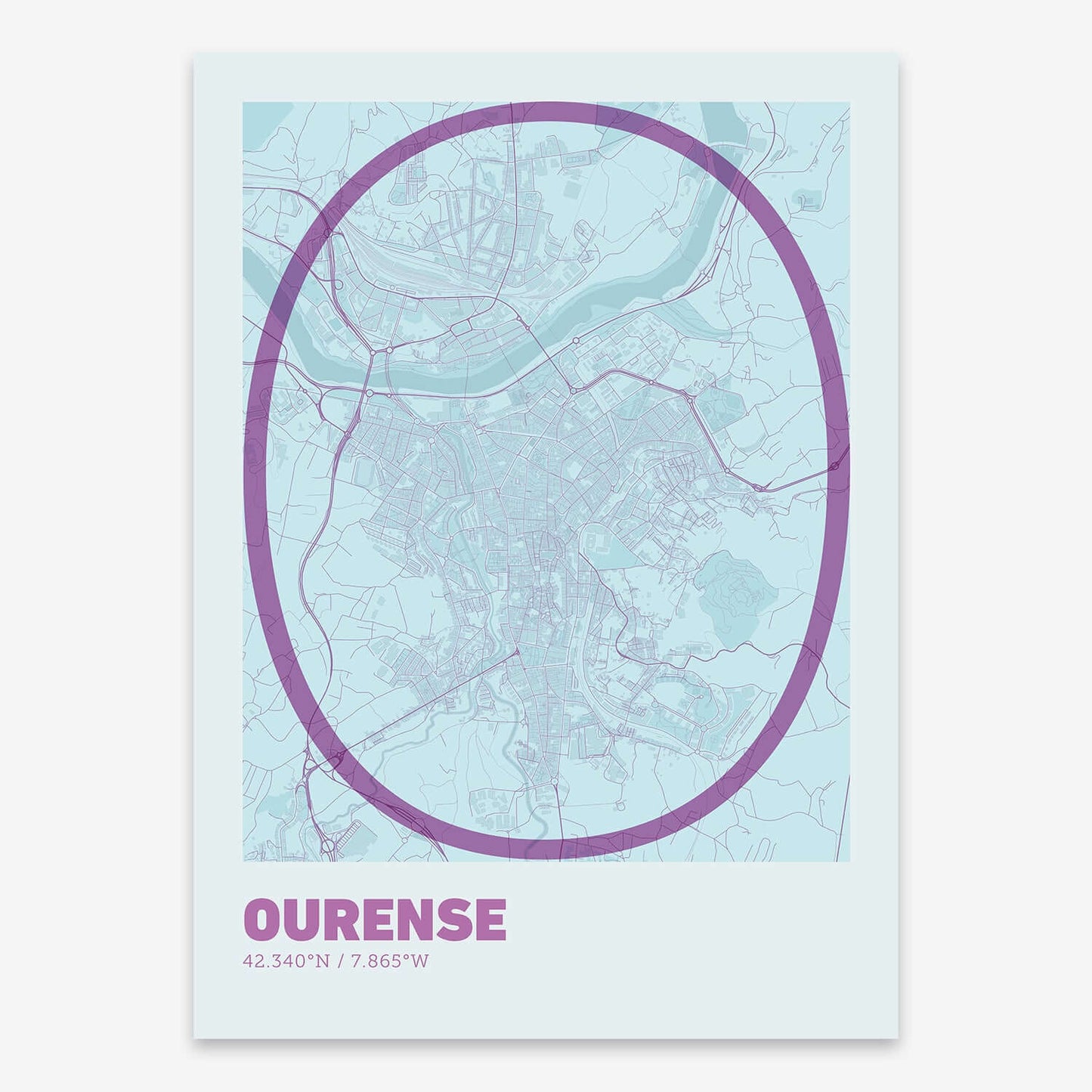 The map of Ourense composed with letters in extra light font printed on purple and light blue