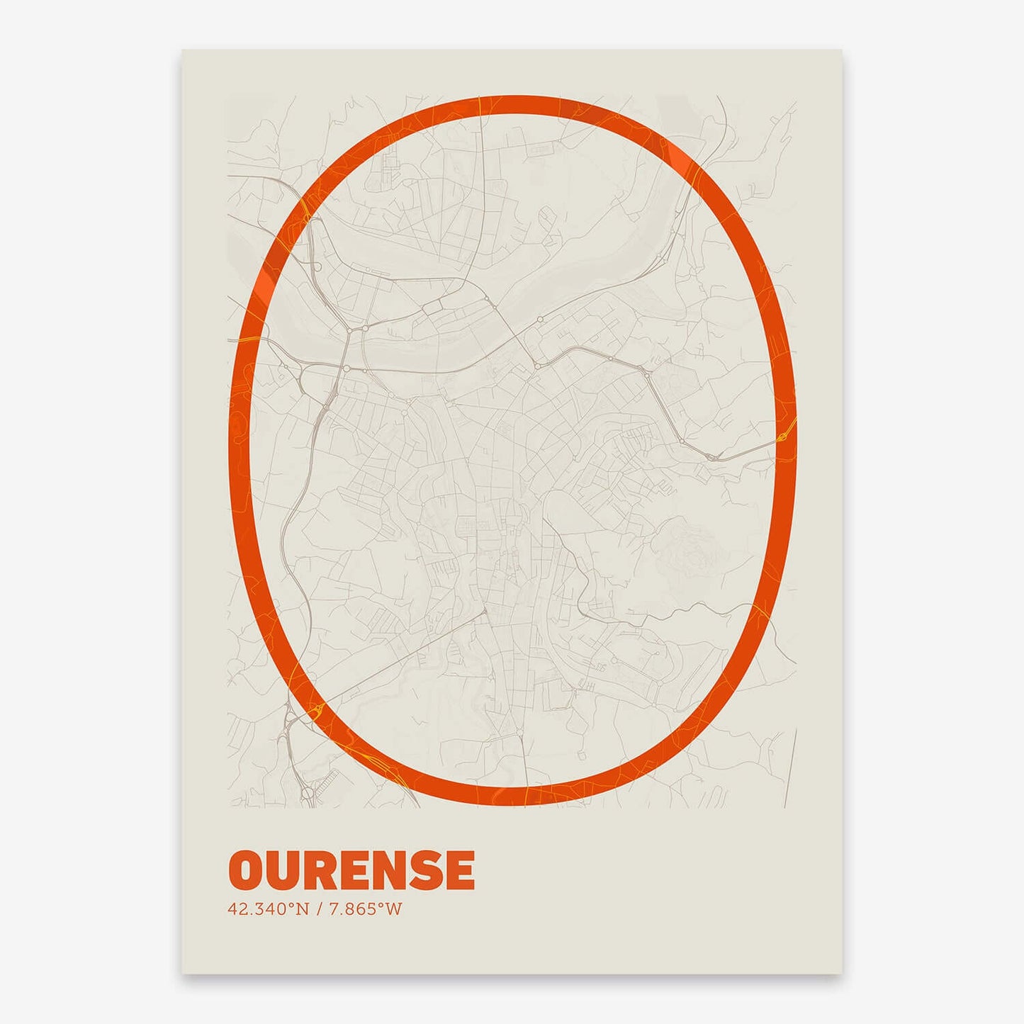 The map of Ourense composed with letters in extra light font printed on orange and an off-white background