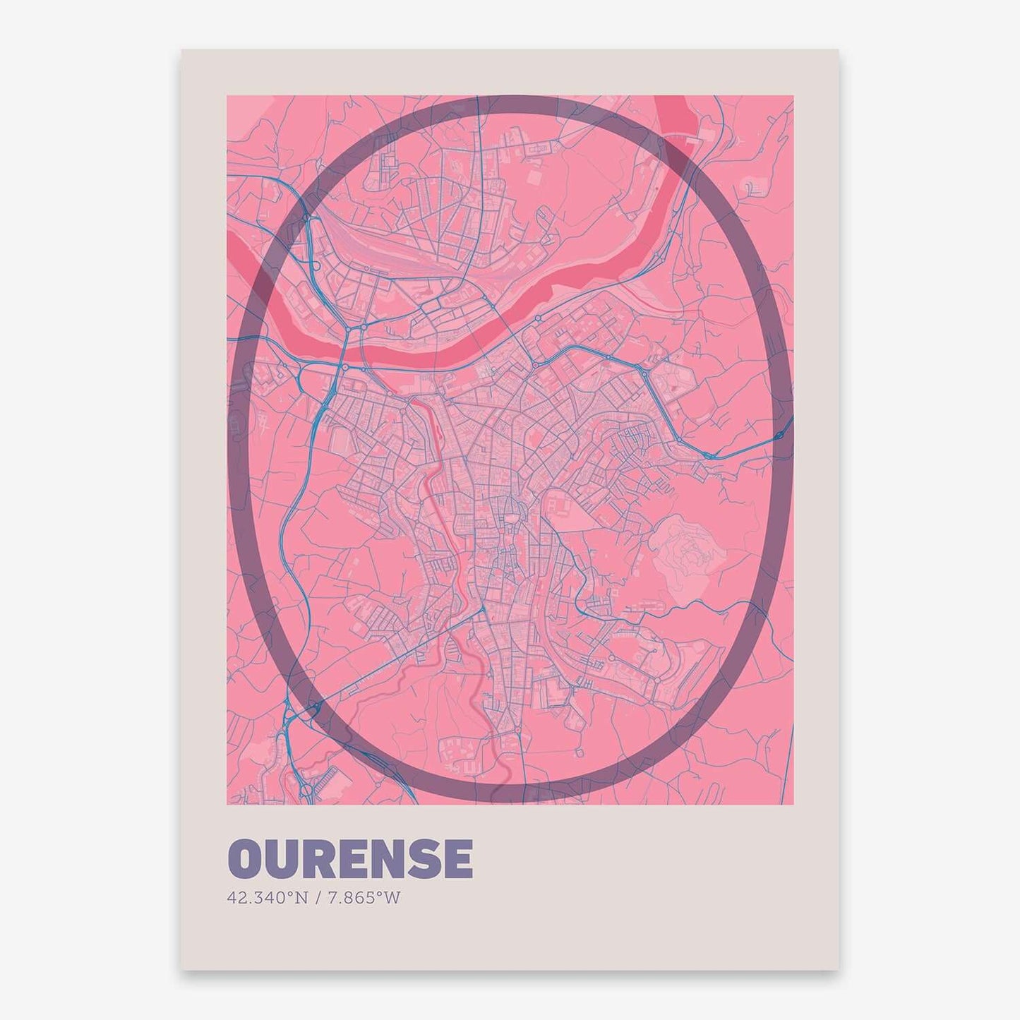 The map of Ourense composed with letters in extra light font printed on violet y pink background