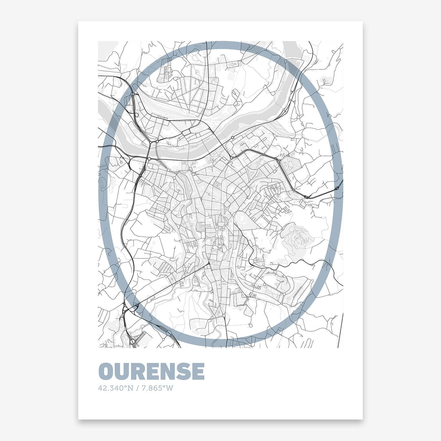 The map of Ourense composed with letters in extra light font printed on black and white