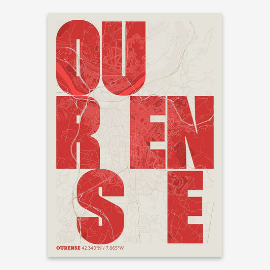 The map of Ourense with letters of its name placed randomly, designed in red and an off-white background