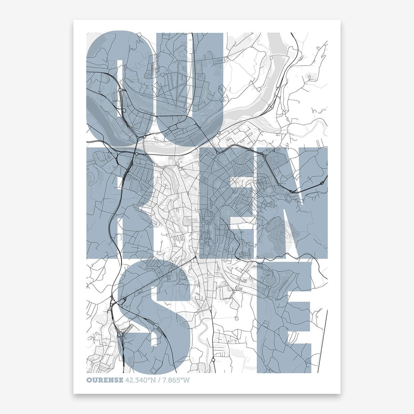 The map of Ourense with letters of its name placed randomly, designed in black and white