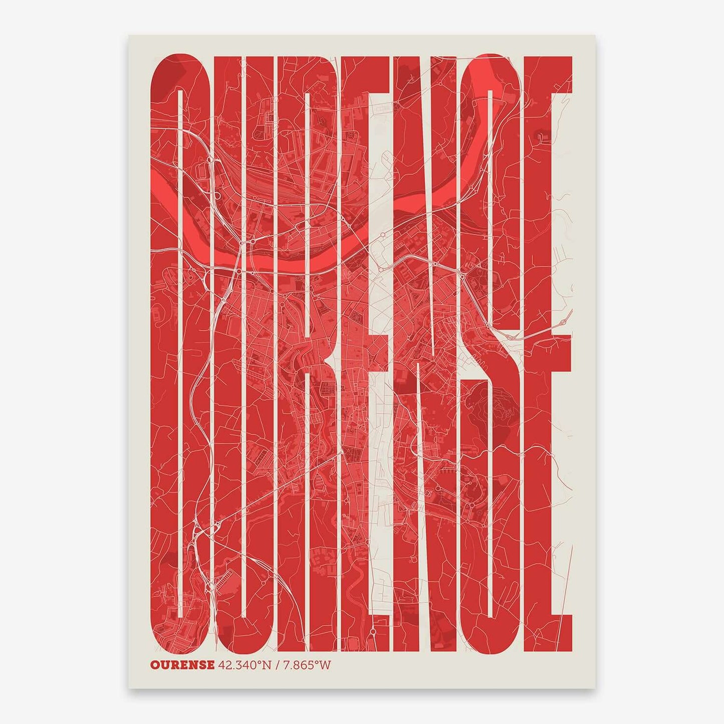 The map of Ourense and letters of its name in a giclée print designed in red and an off-white background