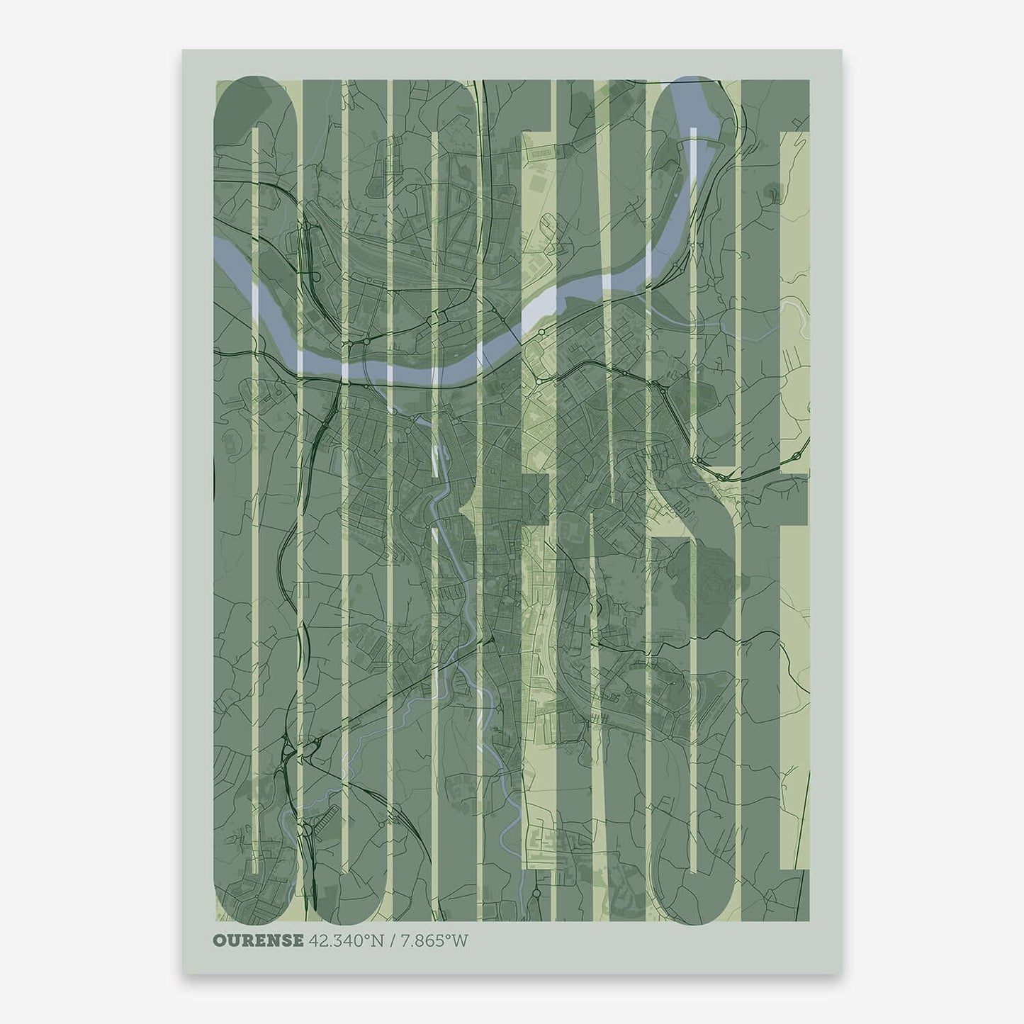 The map of Ourense and letters of its name in a giclée print designed in two green tones