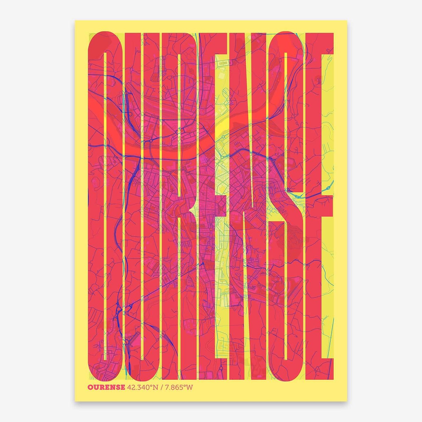 The map of Ourense and letters of its name in a giclée print designed in yellow and fuchsia