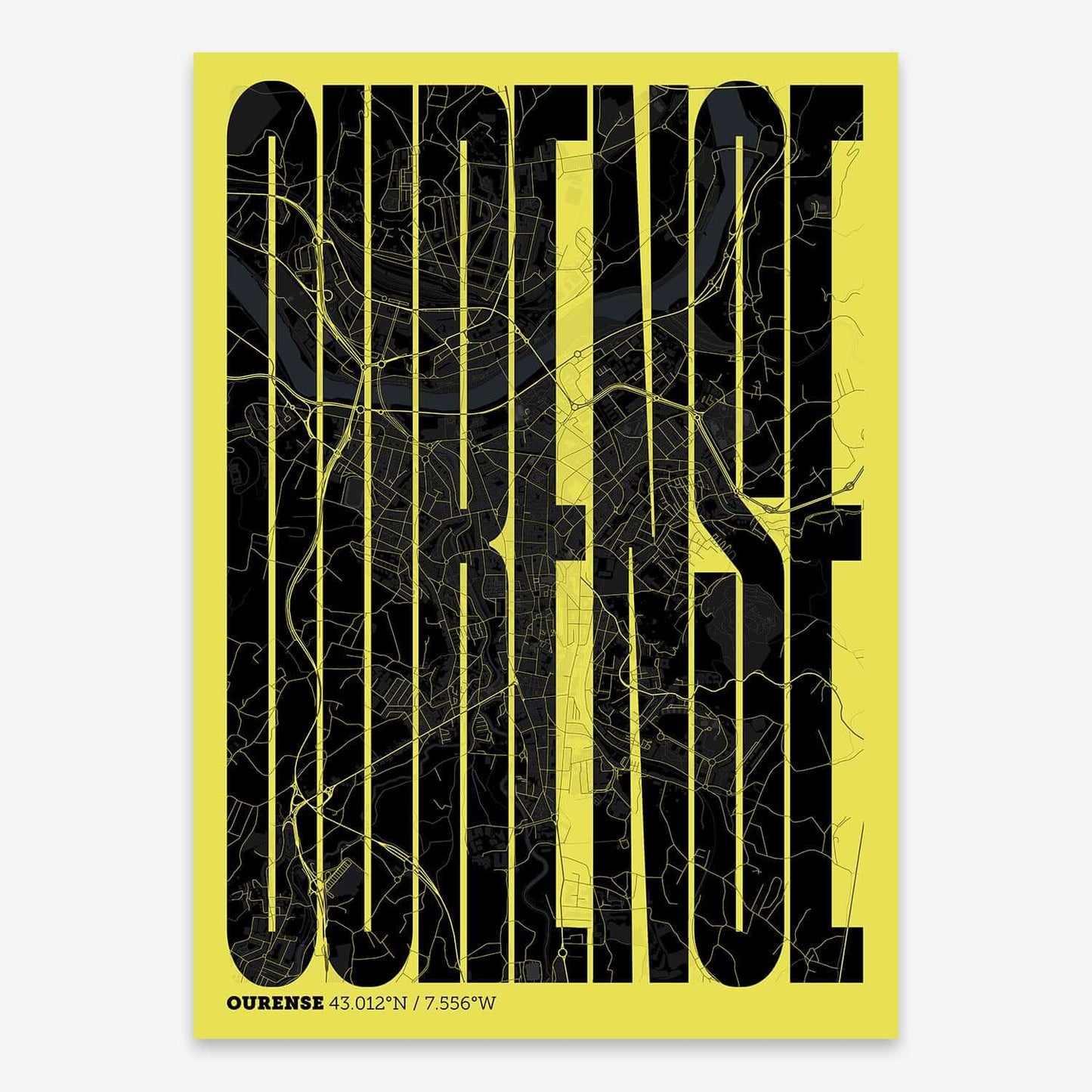 The map of Ourense and letters of its name in a giclée print designed in black and yellow