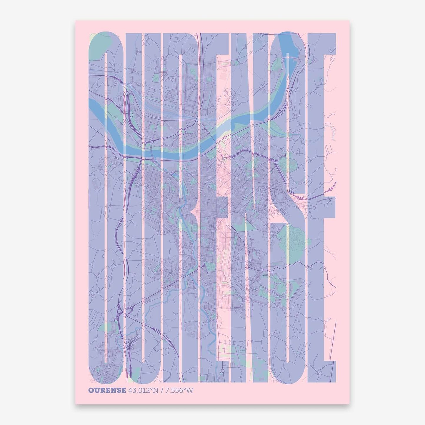 The map of Ourense and letters of its name in a giclée print designed in pink and light blue