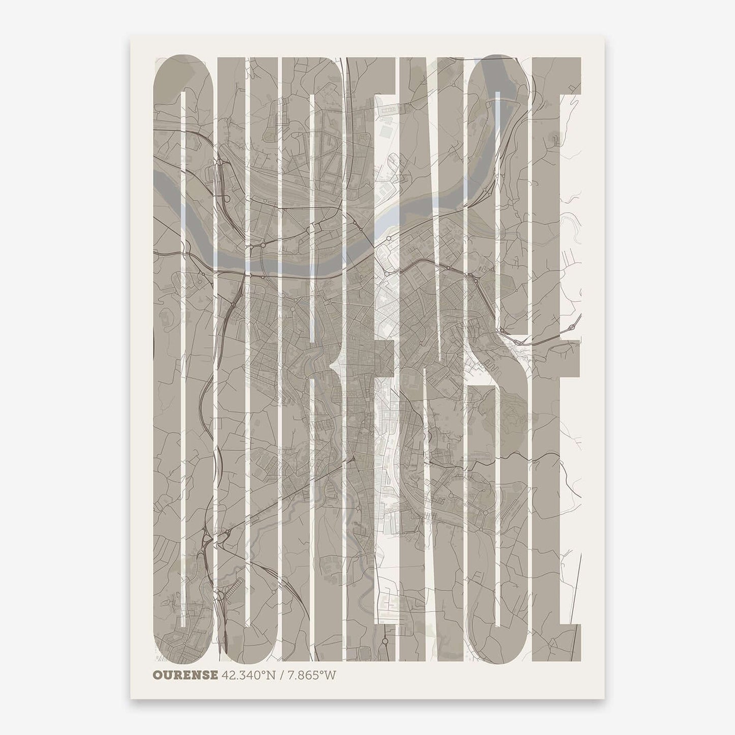 The map of Ourense and letters of its name in a giclée print designed in light brown and an off-white background