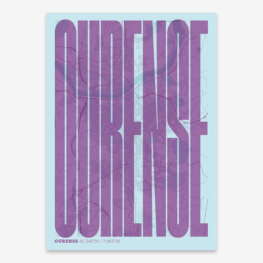 The map of Ourense and letters of its name in a giclée print designed in purple and light blue