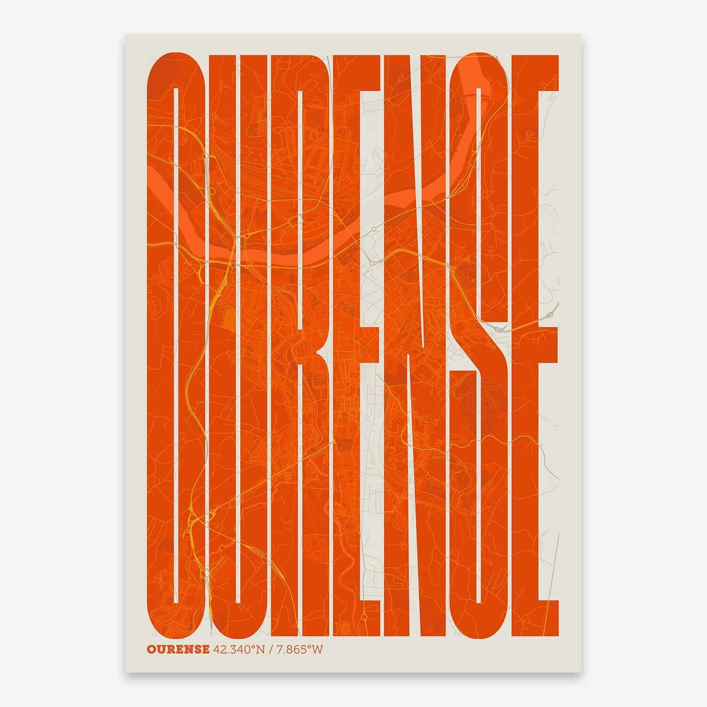The map of Ourense and letters of its name in a giclée print designed in orange and an off-white background