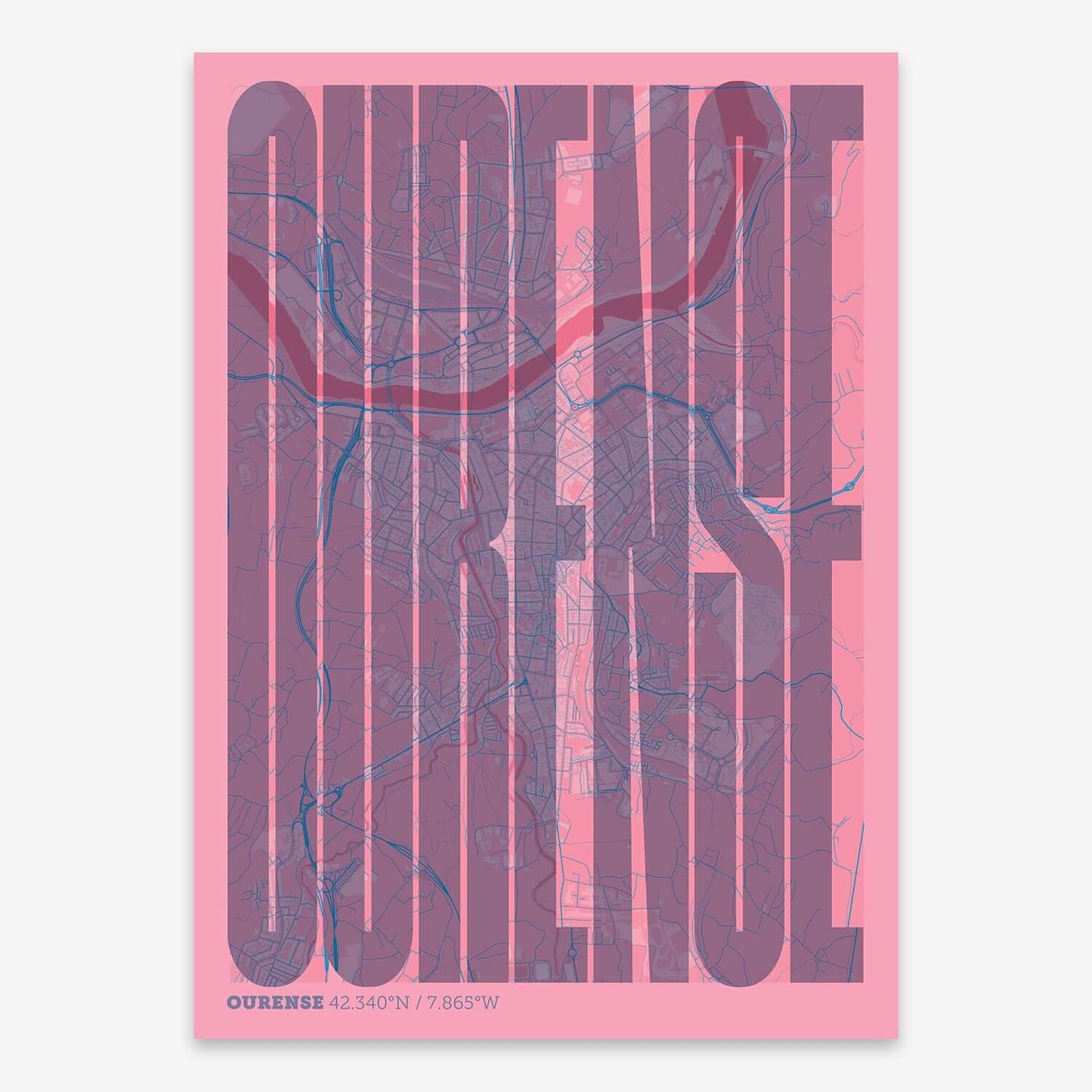 The map of Ourense and letters of its name in a giclée print designed in violet y pink background