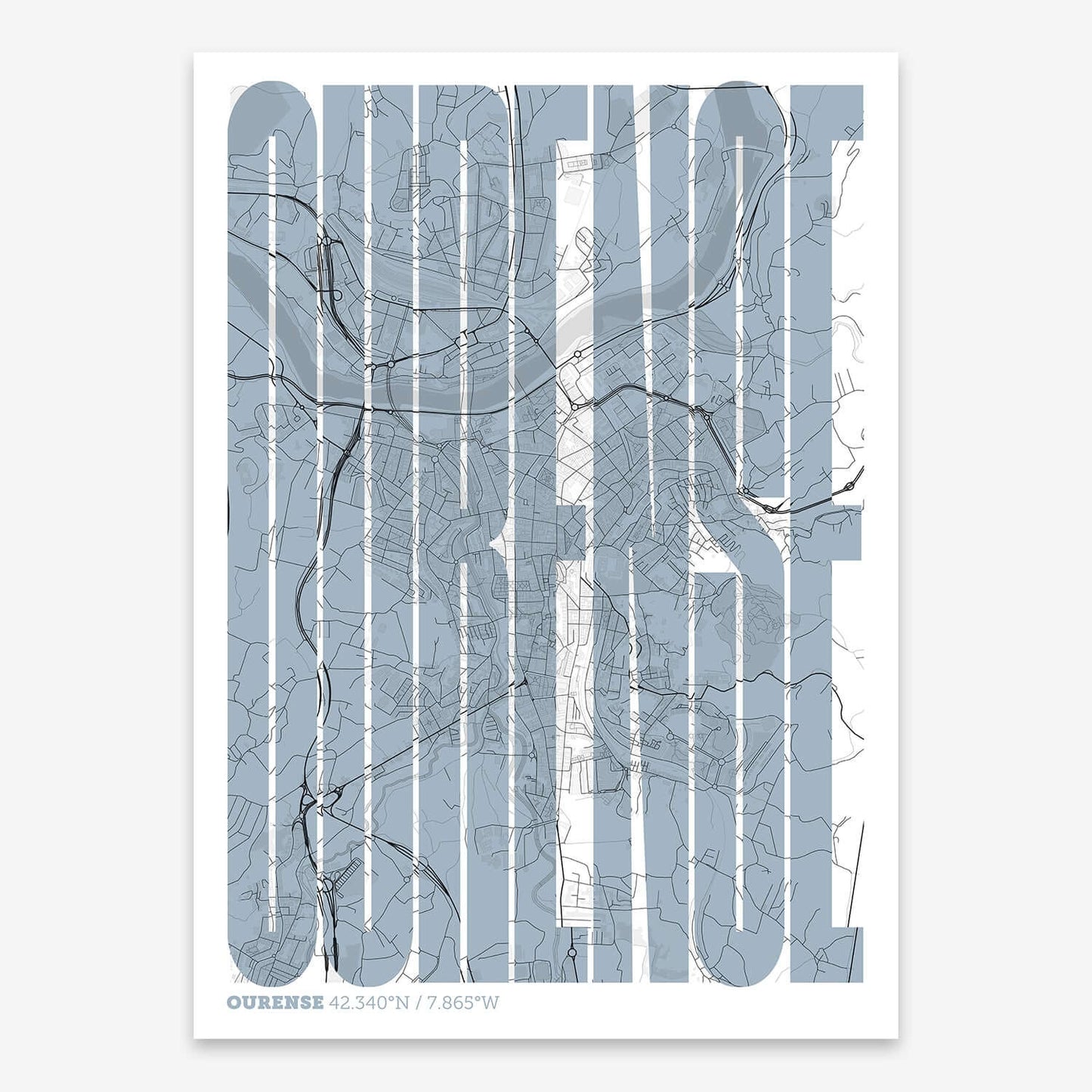 The map of Ourense and letters of its name in a giclée print designed in black and white