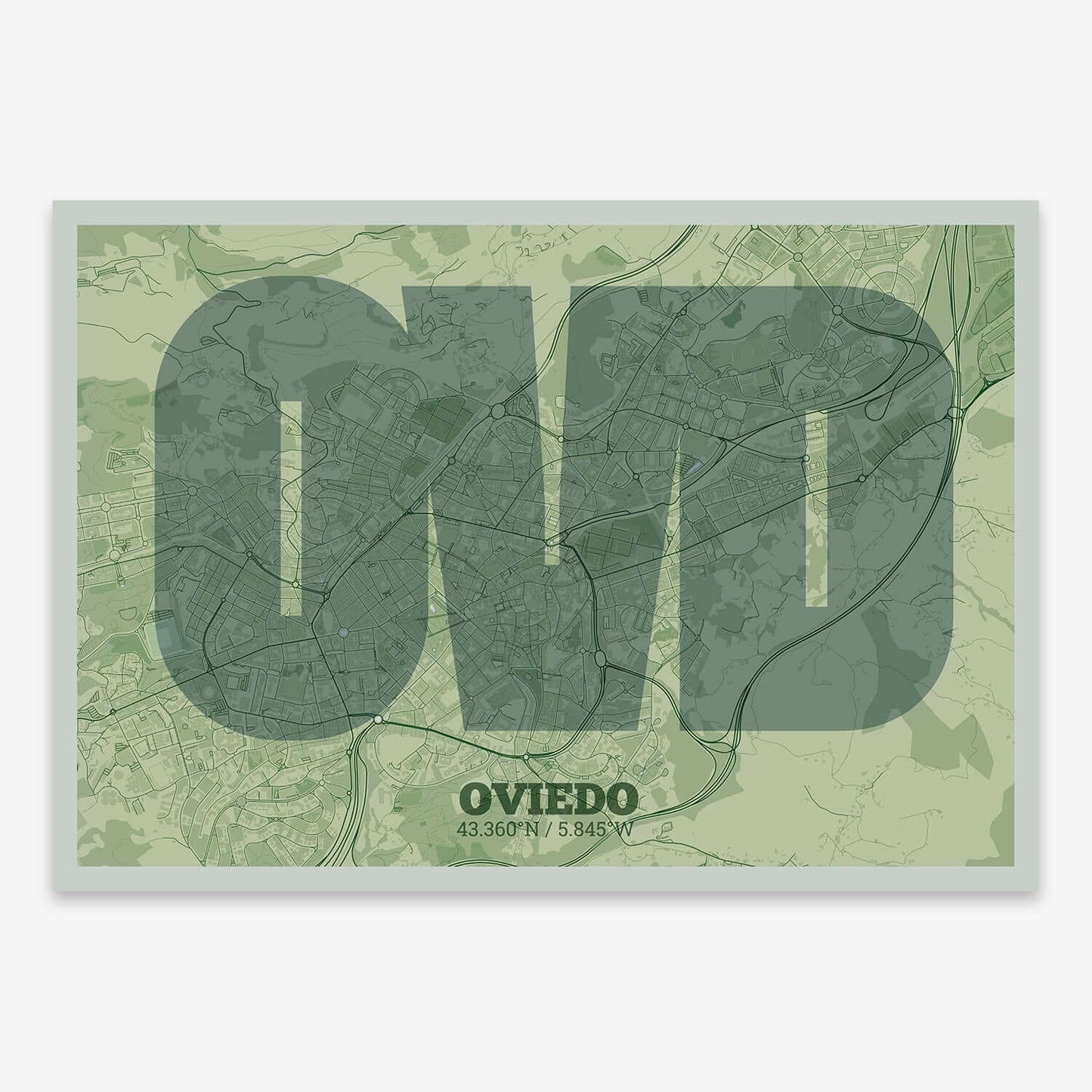 The map of Oviedo composed with letters in a heavy geometric font printed on two green tones