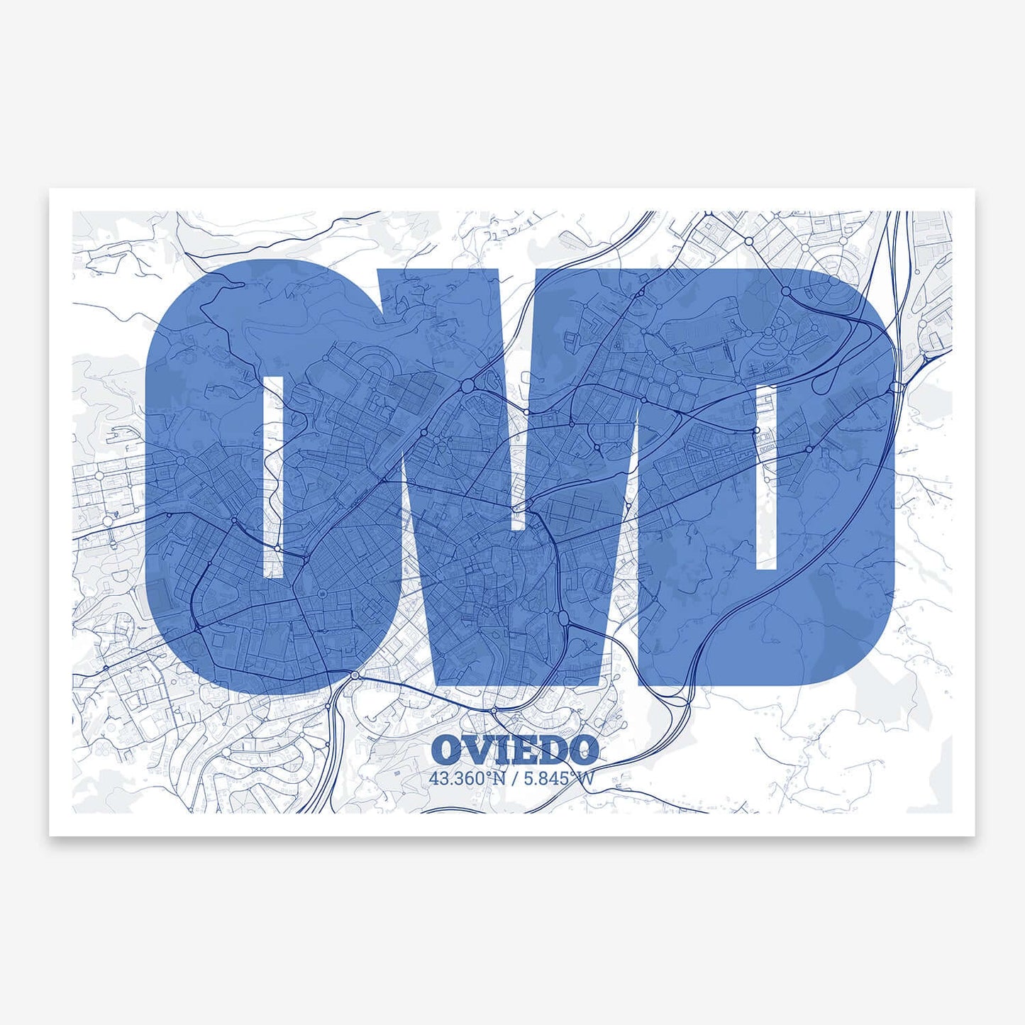 The map of Oviedo composed with letters in a heavy geometric font printed on navy blue and white
