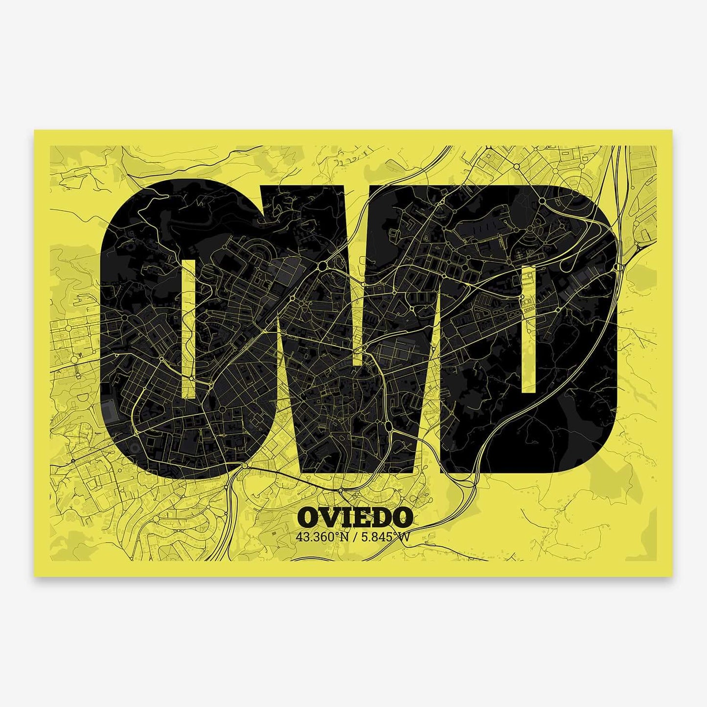 The map of Oviedo composed with letters in a heavy geometric font printed on black and yellow
