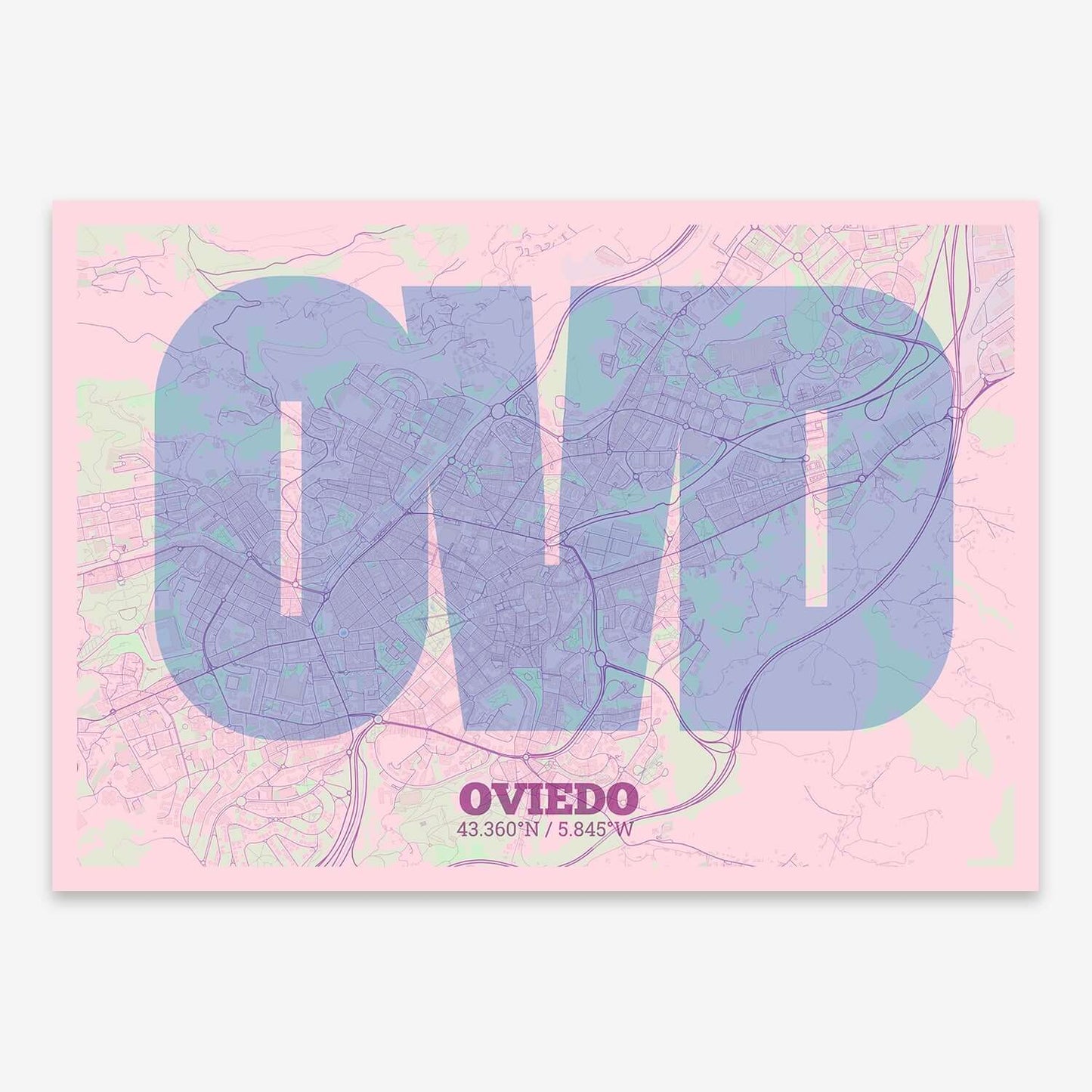 The map of Oviedo composed with letters in a heavy geometric font printed on pink and light blue